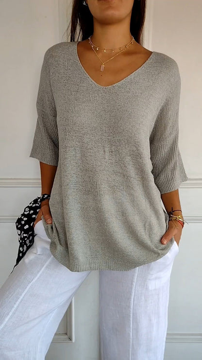 Pull uni à manches longues, en maille, avec encolure en V, coupe slim, pour femme