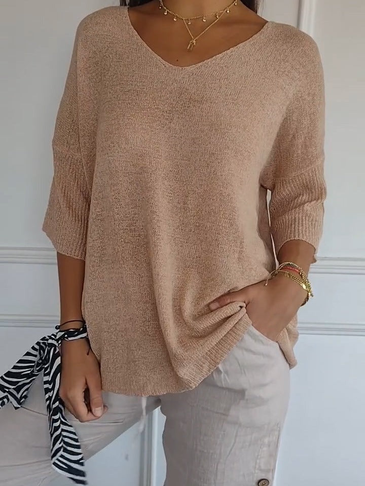 Pull uni à manches longues, en maille, avec encolure en V, coupe slim, pour femme