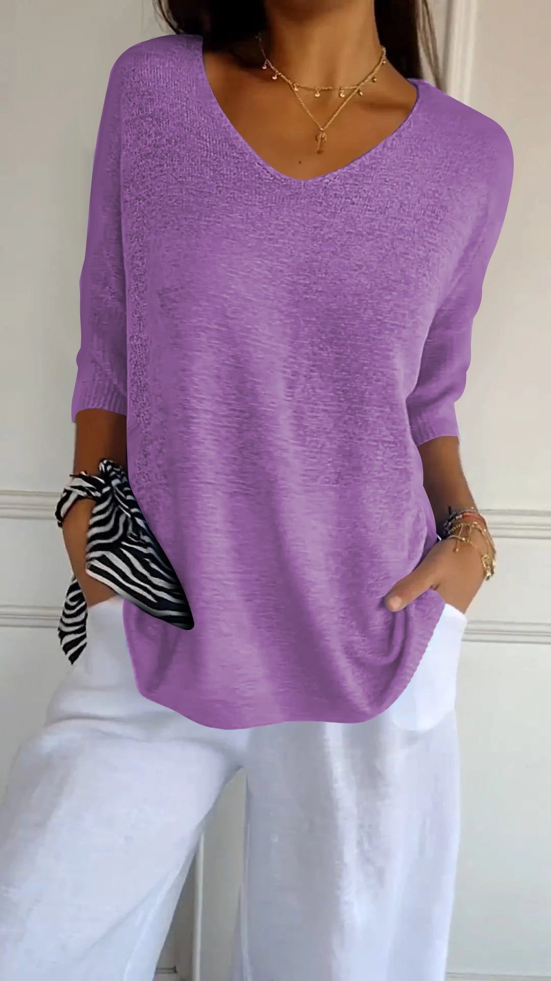 Pull uni à manches longues, en maille, avec encolure en V, coupe slim, pour femme