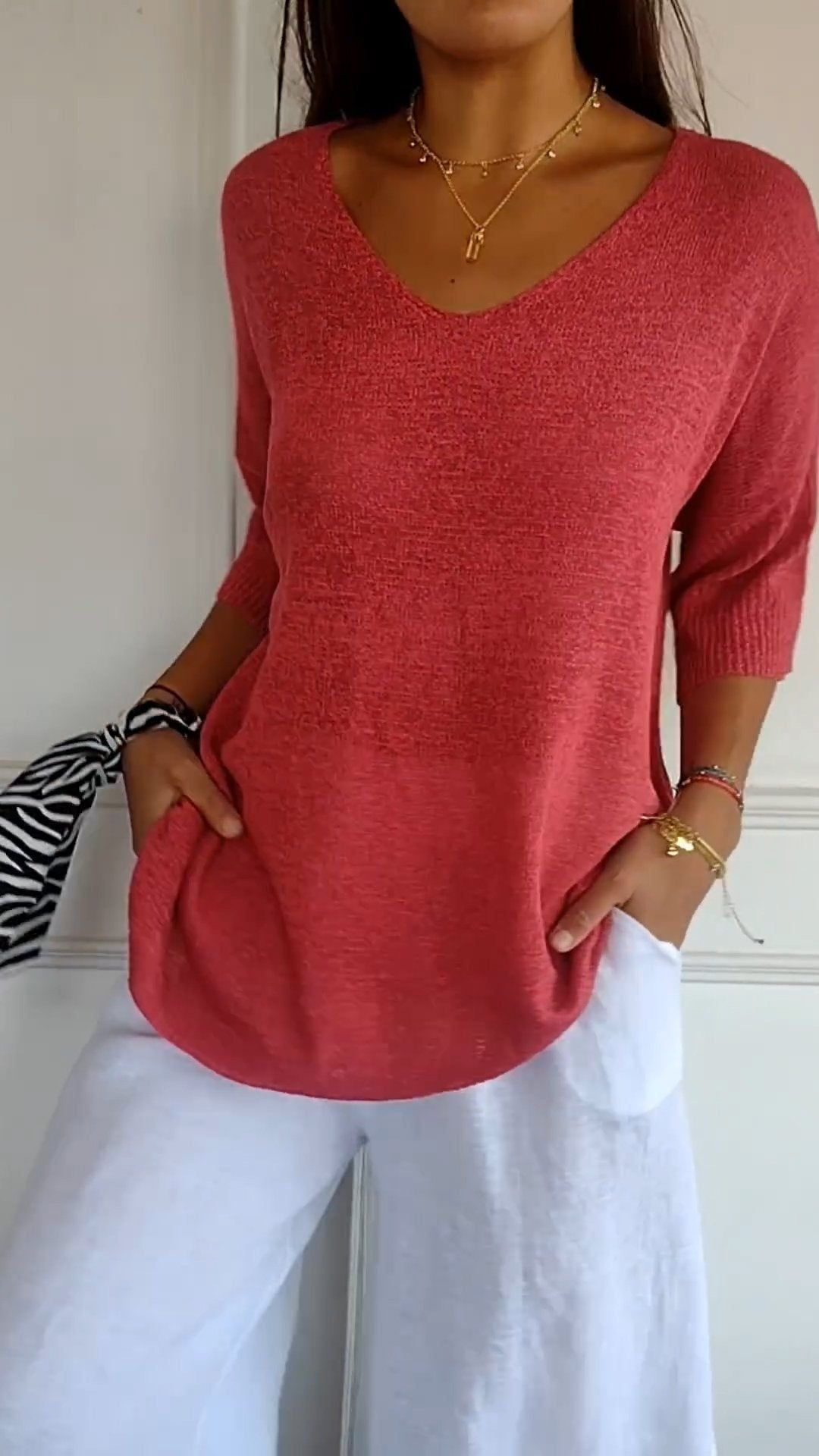 Pull uni à manches longues, en maille, avec encolure en V, coupe slim, pour femme