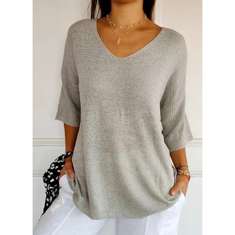 Pull uni à manches longues, en maille, avec encolure en V, coupe slim, pour femme