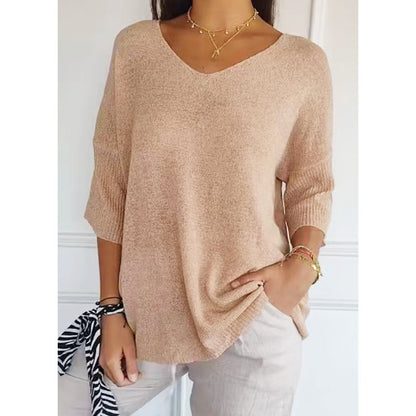 Pull uni à manches longues, en maille, avec encolure en V, coupe slim, pour femme