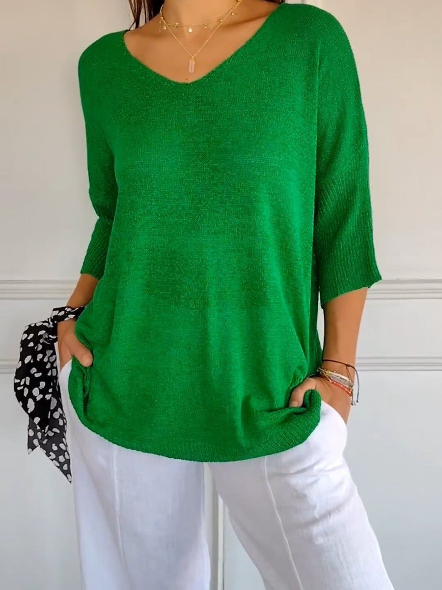 Pull uni à manches longues, en maille, avec encolure en V, coupe slim, pour femme