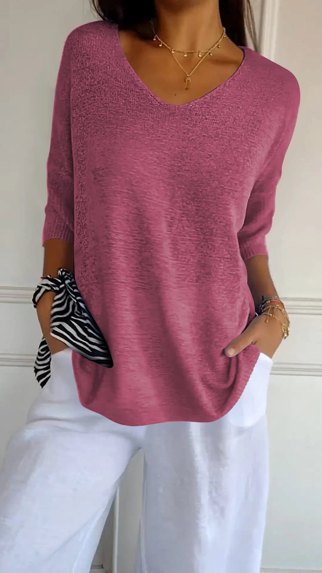 Pull uni à manches longues, en maille, avec encolure en V, coupe slim, pour femme