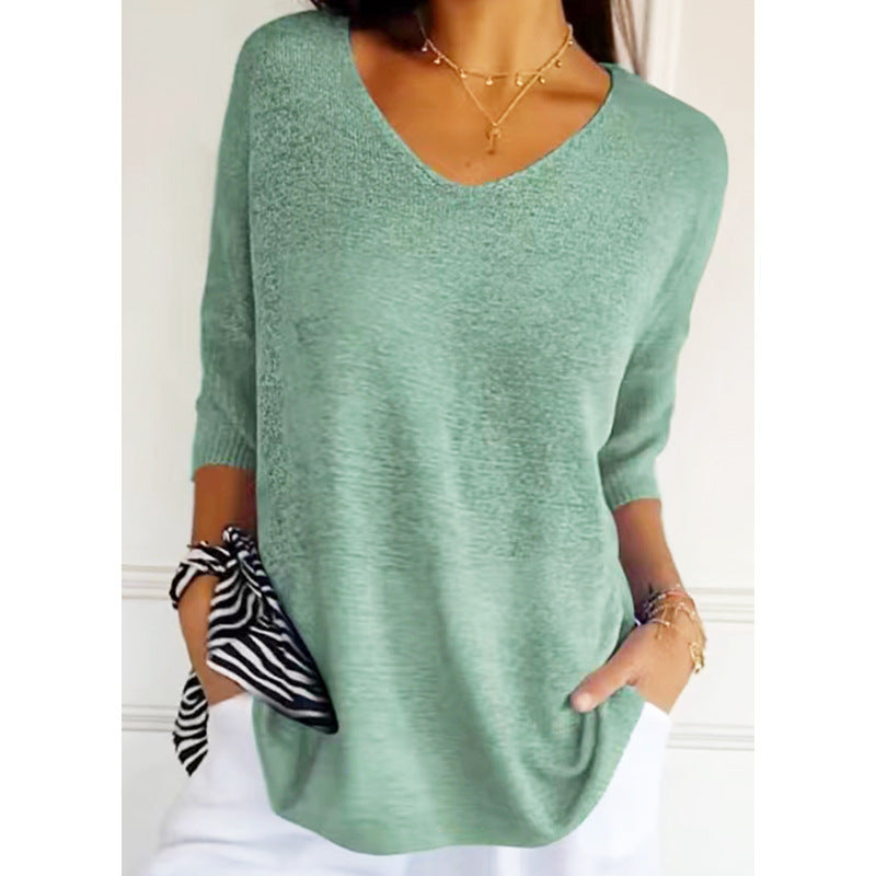 Pull uni à manches longues, en maille, avec encolure en V, coupe slim, pour femme